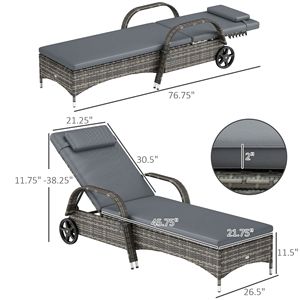 Sdraio da Piscina in Alluminio e Rattan Grigio a 5 Livelli Regolabili con Ruote, Poggiatesta e Cuscino - Product Image 3