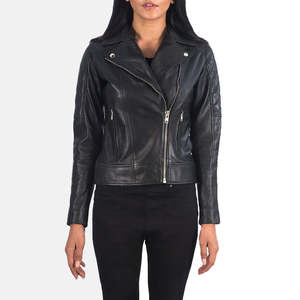 Chaqueta de Cuero Genuino Negra para Mujer, Estilo Motero, con Mangas Acolchadas, Cierre Asimétrico, Impermeable y Resistente al Viento, para Otoño e Invierno - Product Image 6