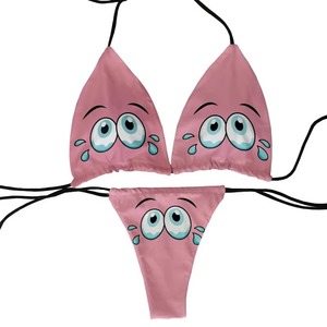 <b>Pink</b> Cartoon Face <b>Bikini</b> <b>Set</b> Women Spandex Polyester Two Piece Swimwear Triangle Top Thong Bottoms Digital Print - Product Image 6