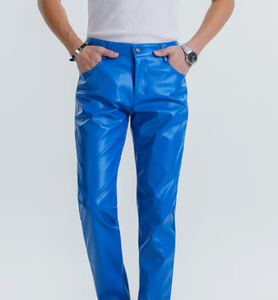 Men's Blue PU Coated Straight Fit Casual <b>Trousers</b> <b>Elastic</b> <b>Waist</b> Anti-Pilling Stone Wash Heavyweight Winter Wear Stylish PU Pants - Product Image 4