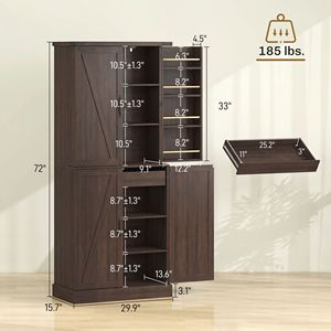 72-Inch Tall Distressed Brown Farmhouse <b>Kitchen</b> <b>Pantry</b> Cabinet with 8 Door Racks and Adjustable Shelves - Product Image 3