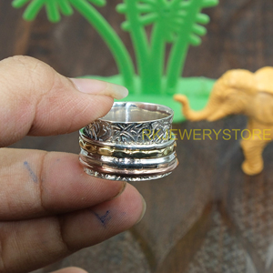 Anillo Giratorio Hecho a Mano de Plata de Ley 925, Latón y Cobre, Anillo Giratorio de Meditación, Anillo Boho Ancho para Aliviar la Ansiedad, Joyería Unisex, Regalo - Product Image 3