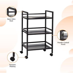 Carrello portaoggetti mobile a 3 ripiani in metallo nero, organizer multifunzionale con ruote - Product Image 2