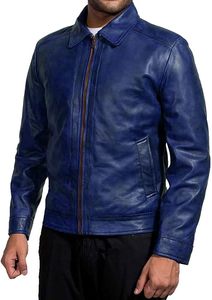 Men's Blue Genuine <b>Leather</b> <b>Jacket</b> Turn-down Collar Zipper Closure Solid Color Regular Length Casual Autumn Wear - Product Image 3