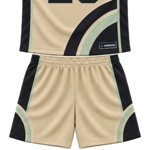 Conjunto de Uniforme de Baloncesto Personalizado para Hombre en Beige, Negro y Verde, Jersey sin Mangas con Cuello en V, Pantalones Cortos, Estampado Curvo con Nombre y Número del Equipo, Kits al por Mayor - Product Image 6