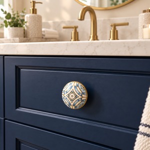 Poignée de tiroir décorative ronde en céramique bleue, blanche et dorée SHUBHAM, fabriquée à la main, pour meubles, armoires et commodes - Product Image 1