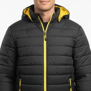 Men's Black Hooded Puffer <b>Jacket</b> With Yellow Zipper Windproof Casual Winter Coat Regular Fit Solid Color Polyester Wadding 2026 - Product Image 5