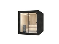 Sauna en bois en forme de cube, extérieur noir élégant, intérieur en bois naturel, murs vitrés panoramiques, écologique, sûr, traditionnel