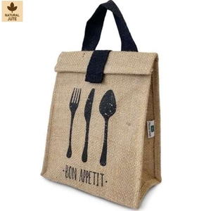 Sac à déjeuner isotherme personnalisé en jute naturel avec rabat supérieur, poignées en coton, logo imprimé, réutilisable, fabricant OEM, exportateur en gros - Product Image 1
