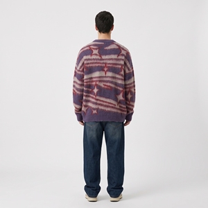 Pull tricoté pour homme à motif étoile violette, sweat-shirt graphique rayé bordeaux et crème à col rond, vente en gros - Product Image 3