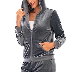 Nouvelle conception, survêtements en velours décontractés pour femmes de haute qualité, hiver, 2 pièces, sweat à capuche zippé, respirant et à motif uni pour adultes - Product Image 6