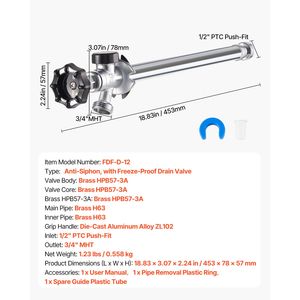 Rubinetto da esterno da 12 pollici senza brina, 1/2'' PTC x 3/4'' MHT, valvola in ottone senza piombo anti-sifone, raccordo bibcock a innesto rapido - Product Image 3
