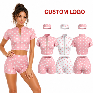 Conjunto de Traje de Baño de 3 Piezas para Mujer con Logotipo Personalizado OEM, Blanco con Puntos, Manga Corta, Cierre de Cremallera, Diadema a Juego, 2026 - Product Image 2