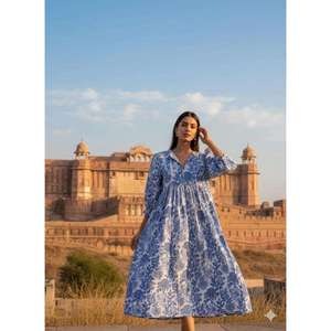 Robe longue en coton imprimé pour femme, manches 3/4, robe d'été bleue à fleurs, coupe ample, style bohème, fournisseur - Product Image 1