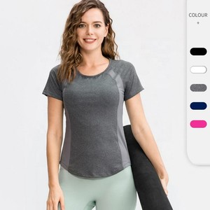 T-shirt de sport pour femme à séchage rapide, coupe ajustée, manches courtes, col rond, en polyester tricoté, couleur unie, idéal printemps-été, haut d'entraînement, OEM - Product Image 1
