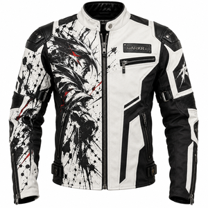 DARKRY Chaqueta de moto para hombre, de cuero sintético, con cuello alto, estampado de anime en blanco y negro, corte ajustado, estilo motero - Product Image 1