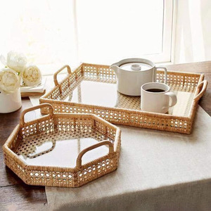 Luxury Style Cheap Price <b>Tray</b> Home Hotel Restaurant Living Room Decor Rattan <b>Trays</b> With Glass <b>Mirror</b> - Product Image 1