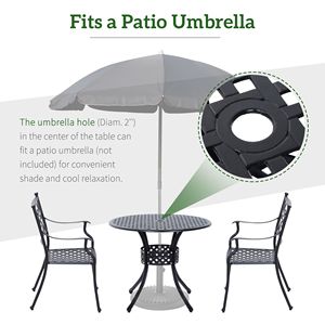 Tavolo da bistrot rotondo da esterno in alluminio pressofuso da 33 pollici con foro per ombrellone, tavolo da pranzo per patio, colore nero - Product Image 6
