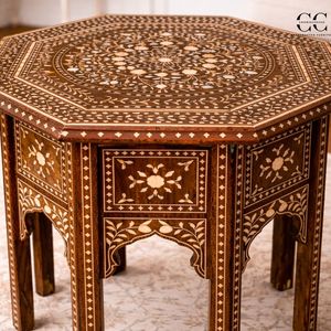 Mesita de Noche Hexagonal con Incrustaciones de Hueso Hecha a Mano, Mueble de Dormitorio con Patrón Floral Tradicional para Hotel o Apartamento, con 1 Cajón - Product Image 4