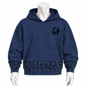 <b>Navy</b> Blue Embroidered Border Hoodie Oversized Pullover Sweatshirt Geometric Hem Cuffs Kangaroo Pocket Casual Streetwear <b>Top</b> - Product Image 1