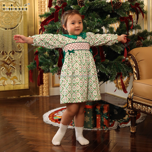 Girls Children's 100% Cotton Eco-Friendly A-Line Corduroy Holiday Dress Scalloped Embroidered Collar ODM Wholesale Smocked Dress - Product Image 5