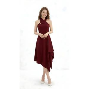 Vestido Elegante para Mujer, Color Rojo Caqui, Estilo Halter, Midi, Sin Mangas, con Dobladillo Asimétrico, para Fiesta o Noche, Proveedor de Vietnam - Product Image 2