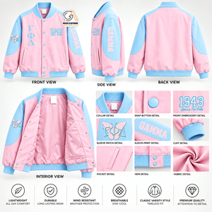 Custom Gamma Phi Delta Sorority Varsity Jacket Sky Blue pink Full Sleeve Covered <b>Button</b> 1943 Women's Outerwear Waterproof - Product Image 5