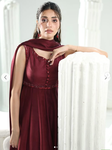 SADIA AUN HUTE COUTURE Élégant Saree en Coton Bordeaux Longueur Ras du Sol Robe de Mariage Traditionnelle Vêtements pour Femmes Style Inde Pakistan - Product Image 3