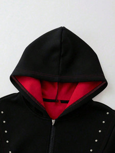 OEM Men Fashion Black <b>Rhinestone</b> Logo Hoodies <b>Jacket</b> Custom Colour Available Wholesale Men Zip Up Casual Contrast Piping Hoodies - Product Image 3