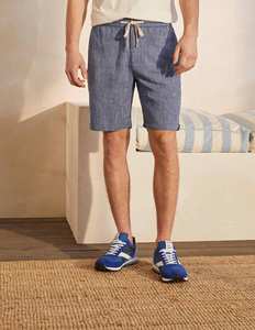 Shorts Bermuda en Lin et Coton Bleu pour Homme, Taille Mi-Haute avec Cordon de Serrage, Style Décontracté, Couleur Unie, Tissu Respirant - Product Image 1