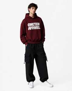 <b>Men's</b> Plus Size Autumn Knitted Fleece Hooded Pullover Sweatshirt <b>Burgundy</b> Solid Front Logo Regular Sleeve <b>Hoodie</b> - Product Image 6