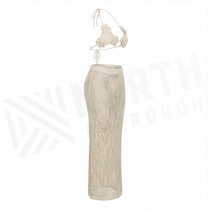 Women 2 Piece Crocheted <b>Bikini</b> <b>Set</b> With 3D Flower Decoration Halter Top And Knee Length <b>Skirt</b> Beige - Product Image 3