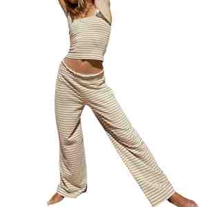 Ensemble deux pièces tricoté rayé pour femme, débardeur sans manches et pantalon large, décontracté, printemps-été, longueur totale, en coton respirant - Product Image 4