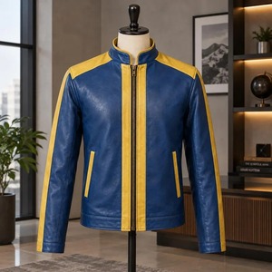 Veste de motard unisexe en cuir véritable bleu et or, style streetwear colorblock - Product Image 1
