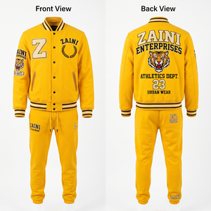 Mens Varsity Tracksuit 380 GSM Cotton Polyester Fleece Yellow Custom Chenille <b>Embroidery</b> Print Applique Logo OEM ODM - Product Image 1