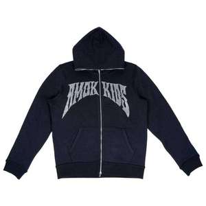 Sudadera con capucha y cremallera completa con logotipo personalizado de diamantes de imitación, sudadera con capucha extragrande con logotipo de diamantes de imitación - Product Image 1