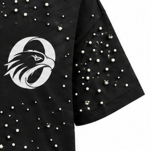 Unisex Black Pearl Decorated T <b>Shirt</b> Fashionable Round Neck Short Sleeve Pearl <b>Studded</b> Tee for Streetwear and Everyday Casual - Product Image 5