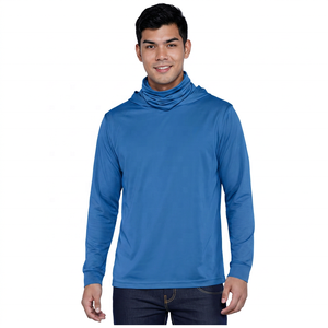 Men's Adults <b>Blue</b> Hooded <b>Long</b> <b>Sleeve</b> Fishing Shirt with Front Logo Face Mask Coverage UPF 50 Breathable Solid Color Pullover <b>Top</b> - Product Image 4