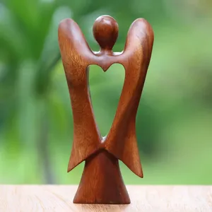 Sculpture d'ange en bois brun, sculptée à la main, figurine en forme de cœur d'ange, accent décoratif pour étagères, tables, maison, bureau - Product Image 4