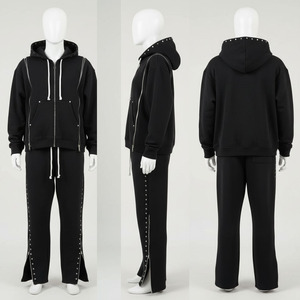 Chándal de invierno personalizado de alta calidad, estilo urbano, liso, transpirable, con triple cremallera, sin estampado, estilo hip hop con remaches, con capucha y pantalón acampanado, 100% - Product Image 1