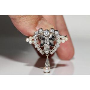 Broche en argent 925 décorée de perles et de diamants de culture de style Art Déco antique pour femme, cadeau de fête - Product Image 1