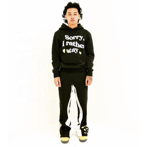 Unisex Oversized Sweatshirt Wide Leg Pants Set Casual Solid Printed 100% Cotton Loungewear Outfit Hooded Collar for Winter - Product Image 2