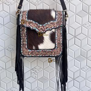 Bolso de Hombro Cruzado de Cuero con Flecos y Grabado a Mano, Estilo Bohemio Vintage, de Piel de Vacuno, Última Moda 2026 - Product Image 1