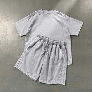 Conjunto de Camiseta y Pantalones Cortos de Verano para Hombre, Estilo Urbano, 350 g/m², Lavado Ácido, Hombros Caídos, Camiseta Holgada y Pantalones Cortos - Product Image 3