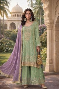Traje Salwar de Chinnon Pesado Estilo Pakistaní con Palazzo y Dupatta, Conjunto Bordado para Fiestas, Vestido Étnico Tradicional para Mujer - Product Image 6