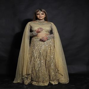 Womens Plus Size | Golden Lehenga Choli | Luxury Bridal Lace | Crystal Embellished | Floor Length A Line | Wedding Outfit Set. - Product Image 1