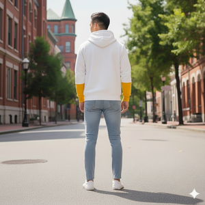 <b>Men's</b> <b>White</b> Yellow Color Block Hooded <b>Sweatshirt</b> Slim Fit Casual Autumn Cotton Knitted Pullover with Pocket - Product Image 4