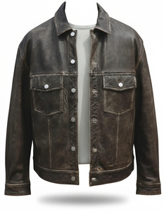 Chaqueta de Motocicleta Retro de Cuero PU, Cortavientos, con Cuello Plegable y Cierre de Cremallera, para Hombre, Invierno, Hecha en Pakistán - Product Image 1