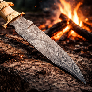 Handmade Camping Bowie <b>Knife</b> with Damascus Steel Clip Point Blade Straight Edge <b>Bone</b> <b>Handle</b> and Leather Sheath - Product Image 3