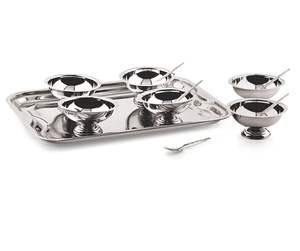 Ensemble de service de crème glacée jumbo en acier inoxydable de 13 pièces, bol à dessert avec plateau et cuillères, bol de service en métal Katori - Product Image 2